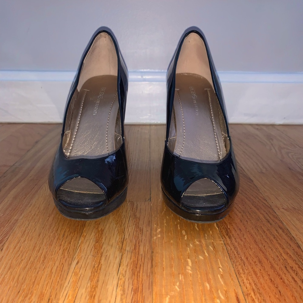 BCBG Black leather wedged heels